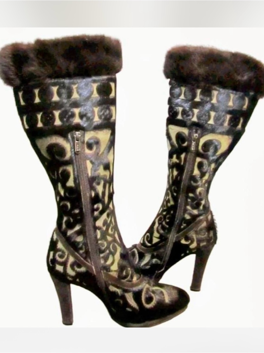 Women's Brown Patterned Fur-Trim High Heel Boots